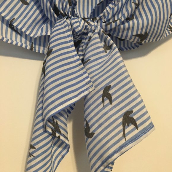 Express Women's Tie Front Off-Shoulder Blue Striped Bird Print Blouse, Sz SP - Picture 3 of 9